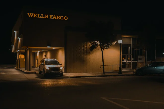 outside Wells Fargo bank at night.